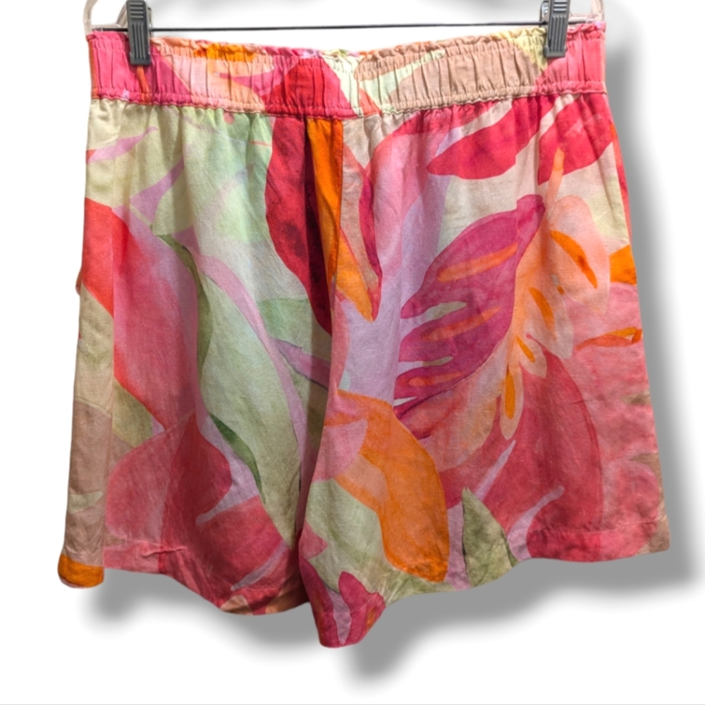 H&M Linen Blend Pull-On Shorts High Waist Pockets Pink Orange Leaf-Patterned- L - Picture 3 of 12